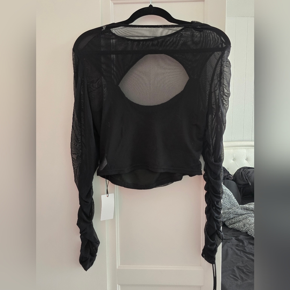 Cider Black Crop Top with Sheer Ruched Sleeves And Cutout